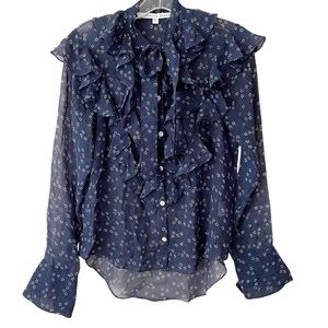 VERONICA BEARD 100% Silk Ruffle Floral Blouse Navy Blue Tie Neck Sheer Size 2